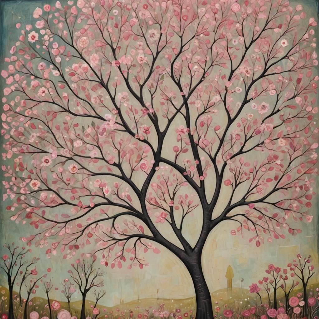 Blooming Pink Tree in Art Brut Style