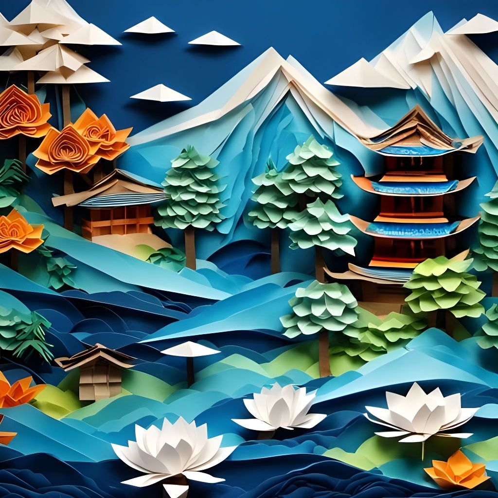 Colorful Origami Ukiyo-e Landscape with Pagoda