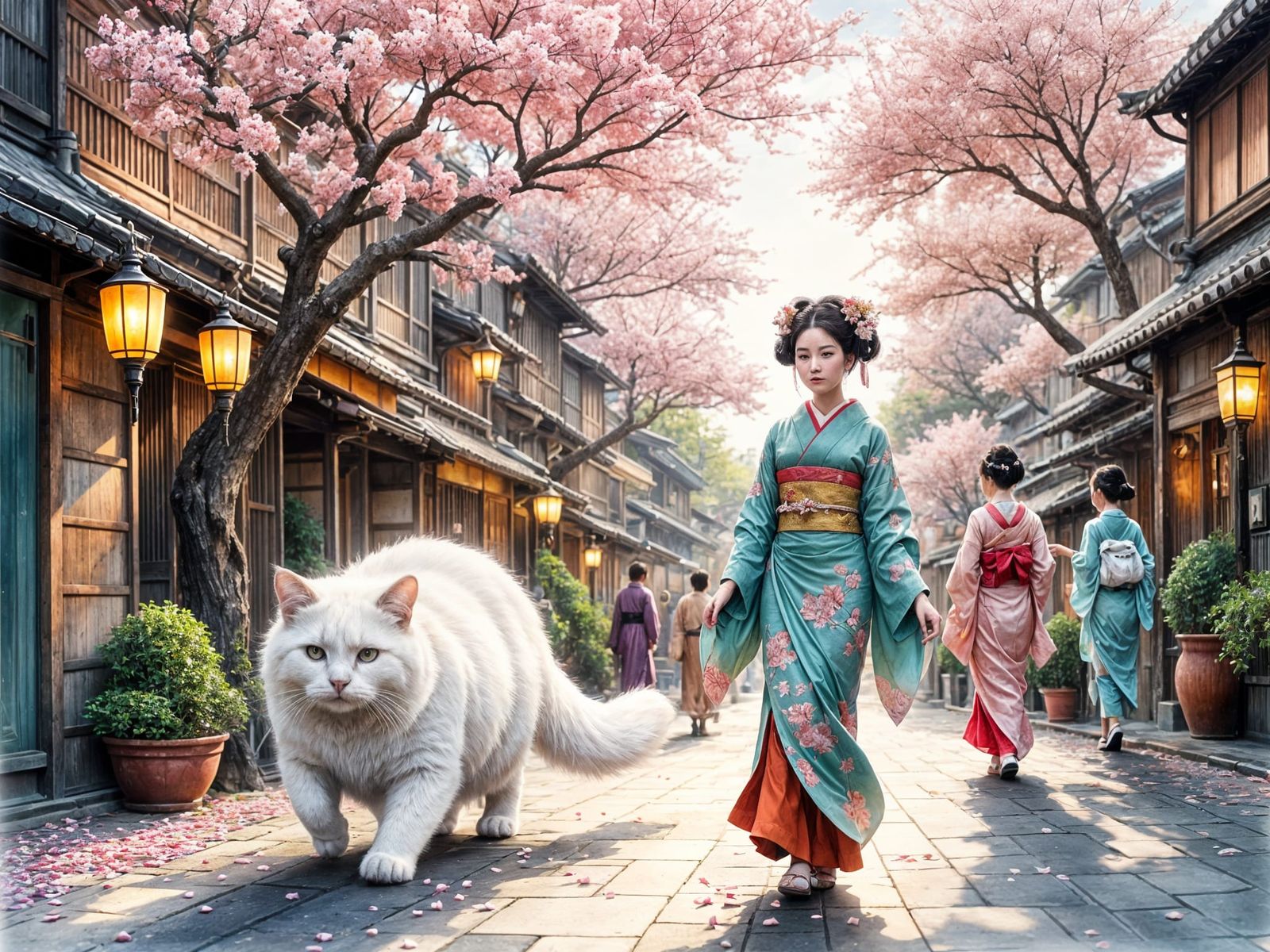 White Cat in Traditional Japanese Setting with Blossoming Ch...