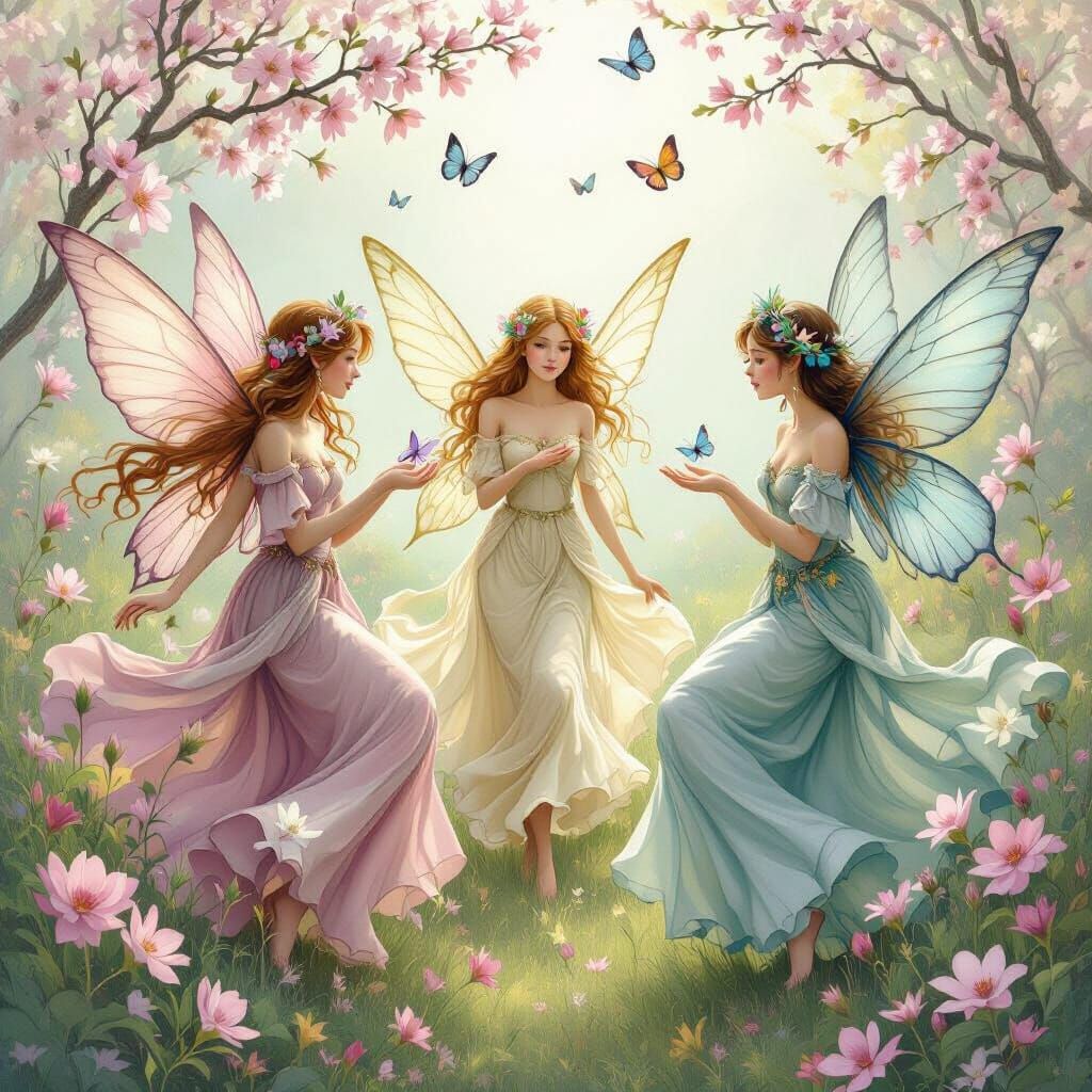 Fairies Play in a Whimsical Pastel Garden