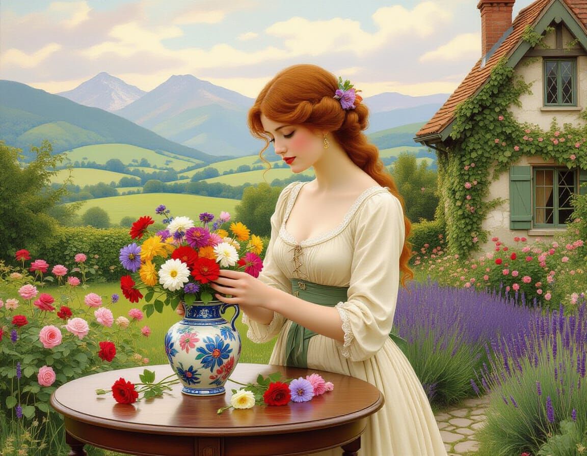 Romantic Woman Arranging Flowers in Pre-Raphaelite Style