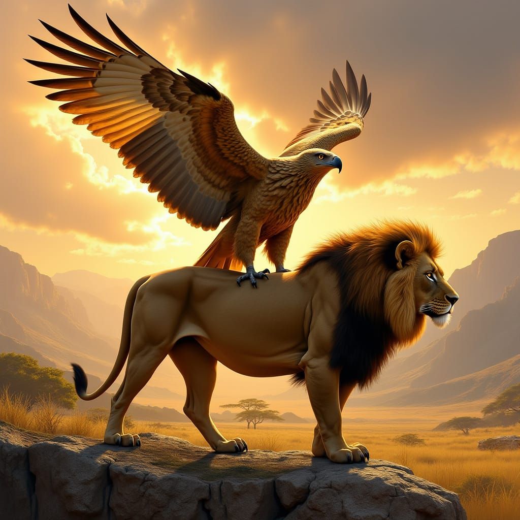 Regal Union of Golden Eagle and Lion on Rocky Cliff
