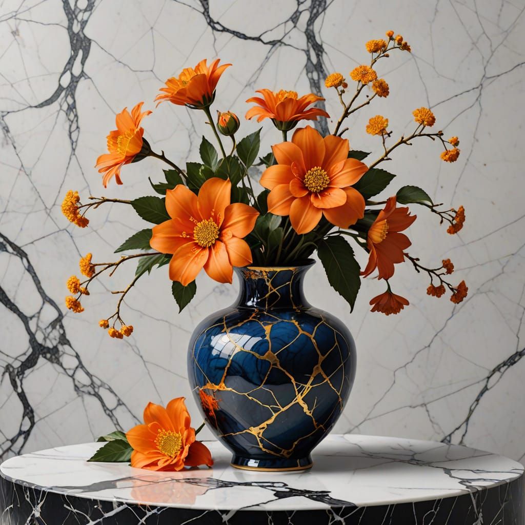 Kintsugi Vase with Orange Flowers on Marble Table