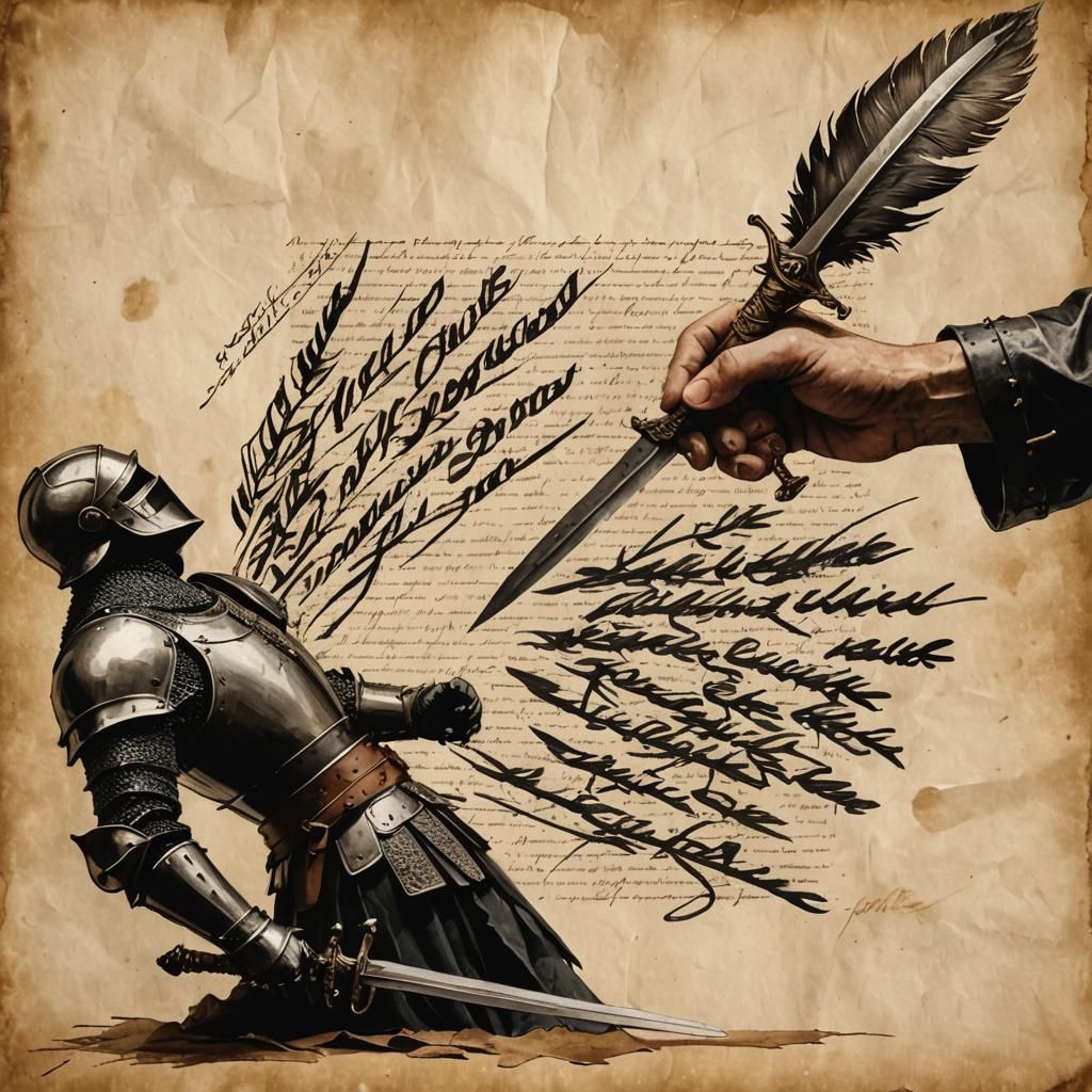 Calligraphic Quill Pierces Armored Knight on Parchment