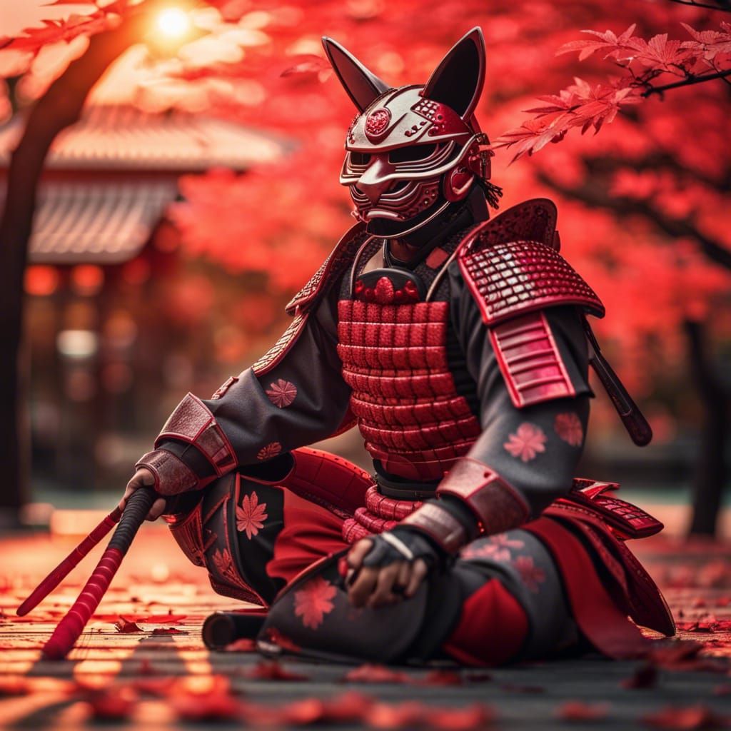 Samurai Warrior with Kitsune Mask at Sunset