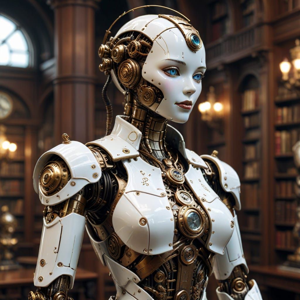 Steampunk Robot Butler in Grand Library