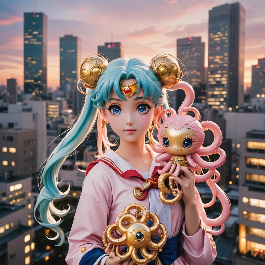 Sailor Moon with Octopus Seal in Tokyo Sunset