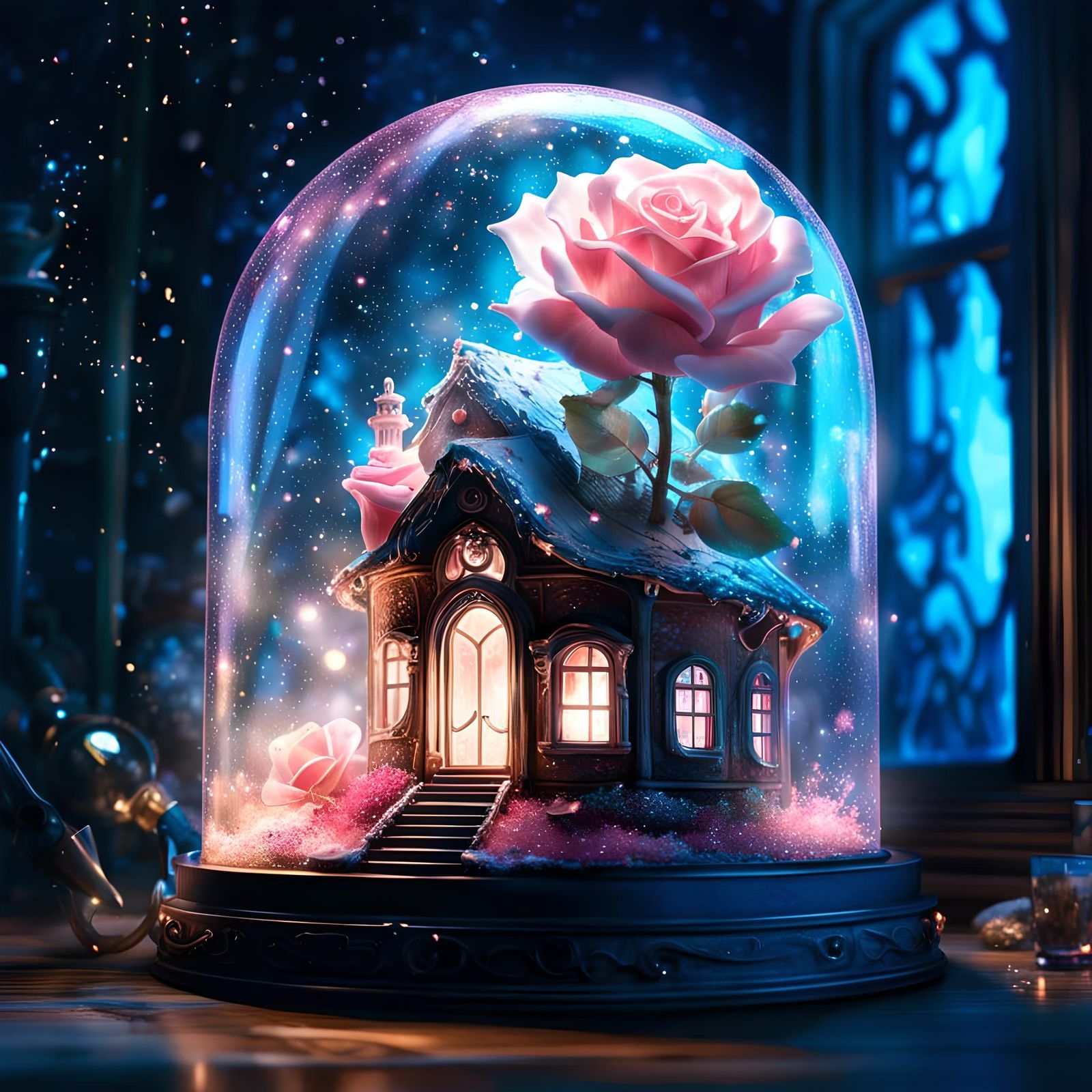 Sparkling Rose in Bioluminescent Fairy House