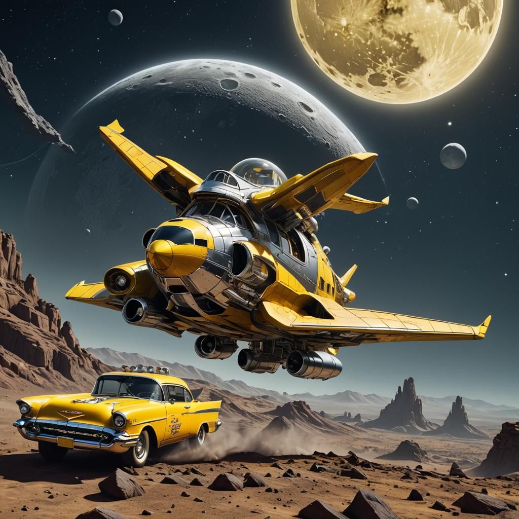 Retro Spaceship with 1957 Chevy Design in Space