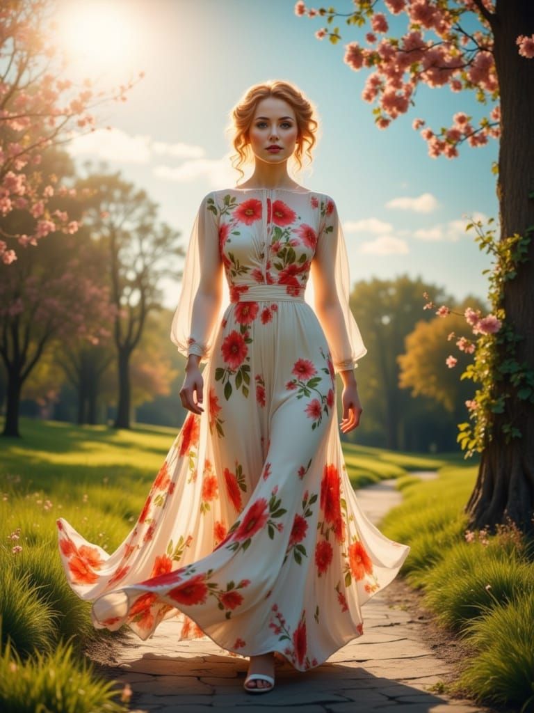 Glamorous Woman in Vintage Floral Gown in Spring Park