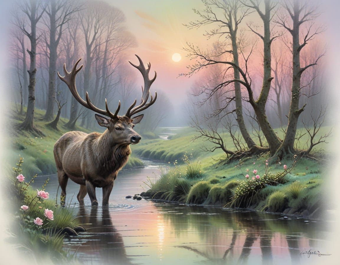 Stag Drinks from Stream at Dusk in Pastel