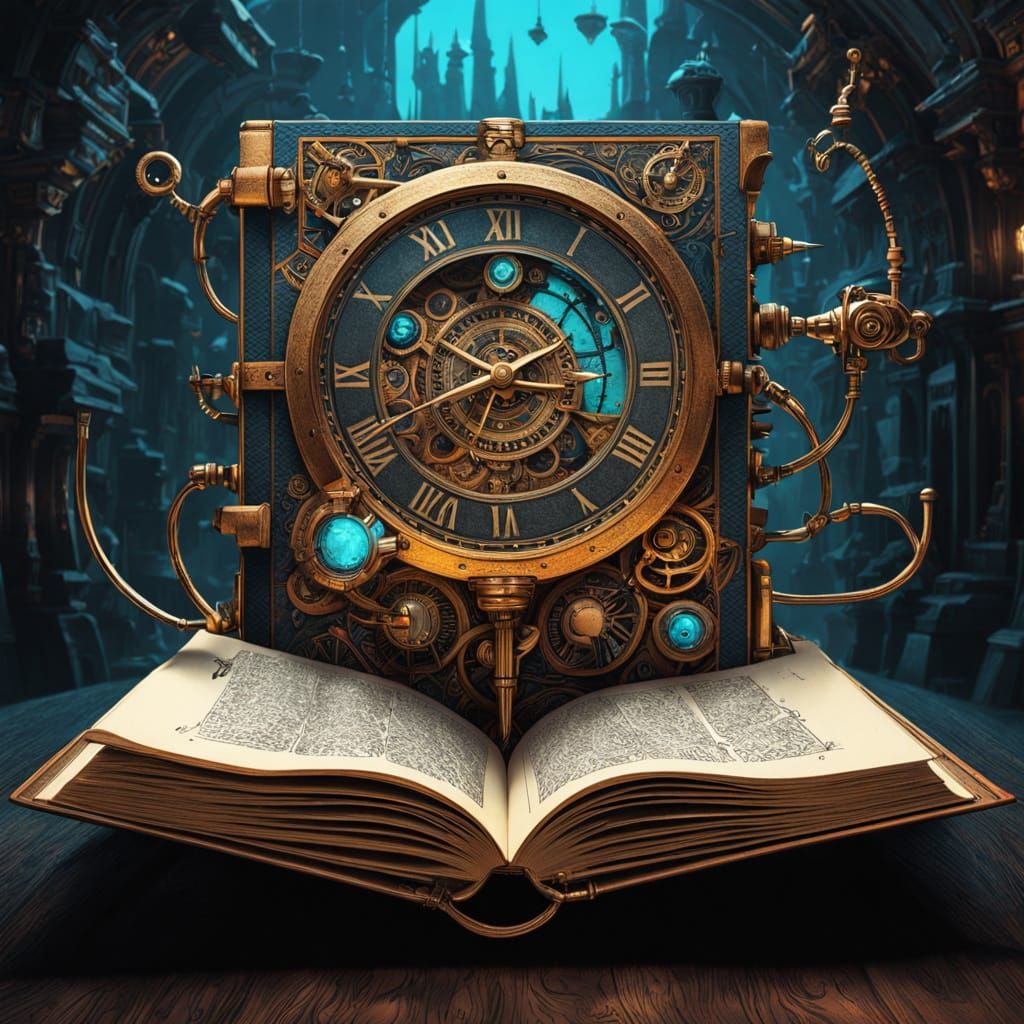 Surreal, Exaggerated Book with Gilded Pages and Glowing Symb...