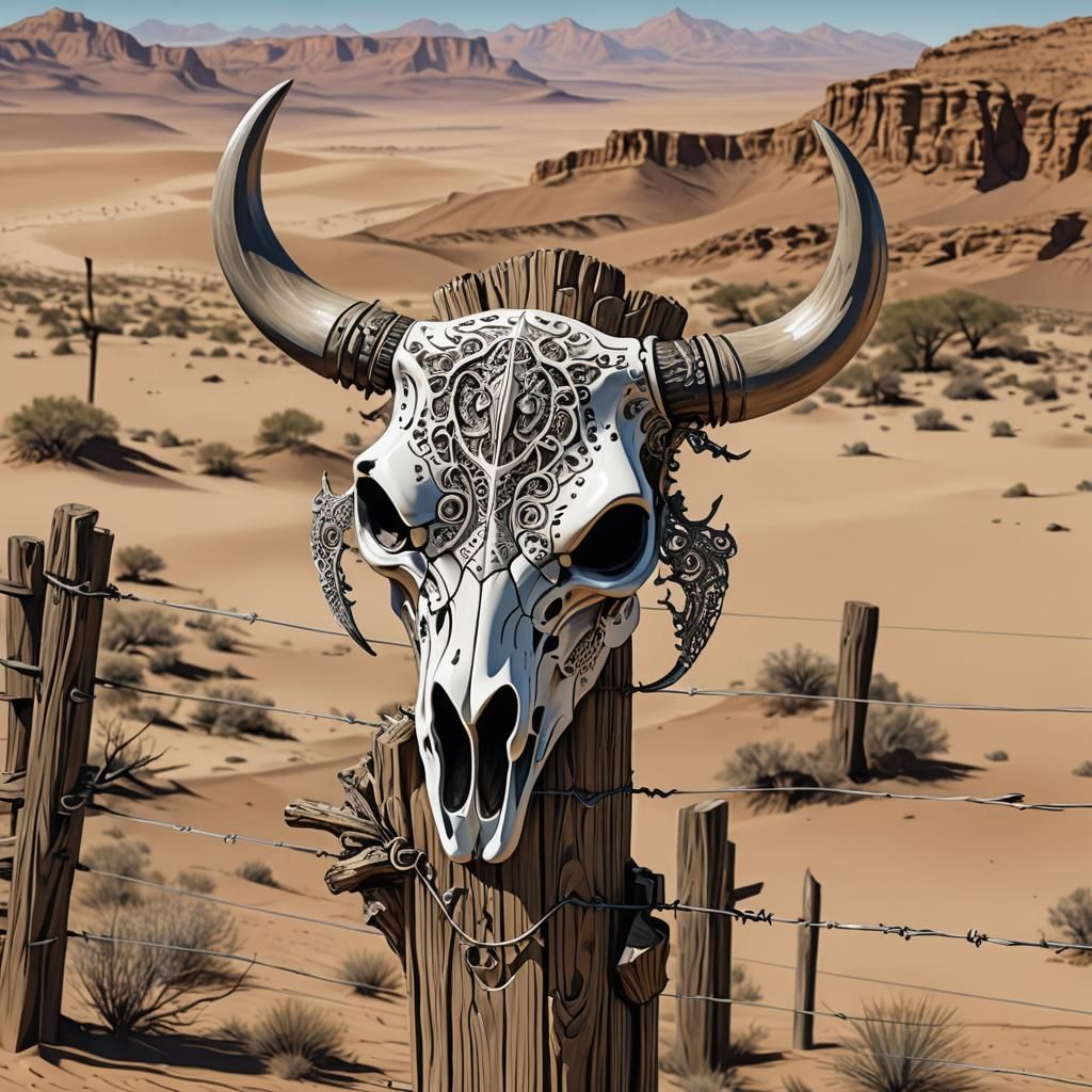 Cow Skull on Fence Post with Abstract Elements
