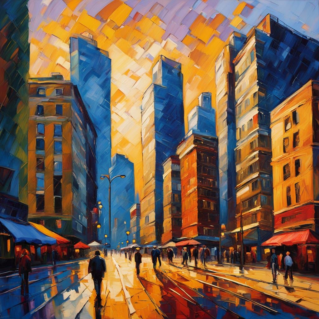 Vibrant Calgary Cityscape in Neo-Expressionist Oil Painting