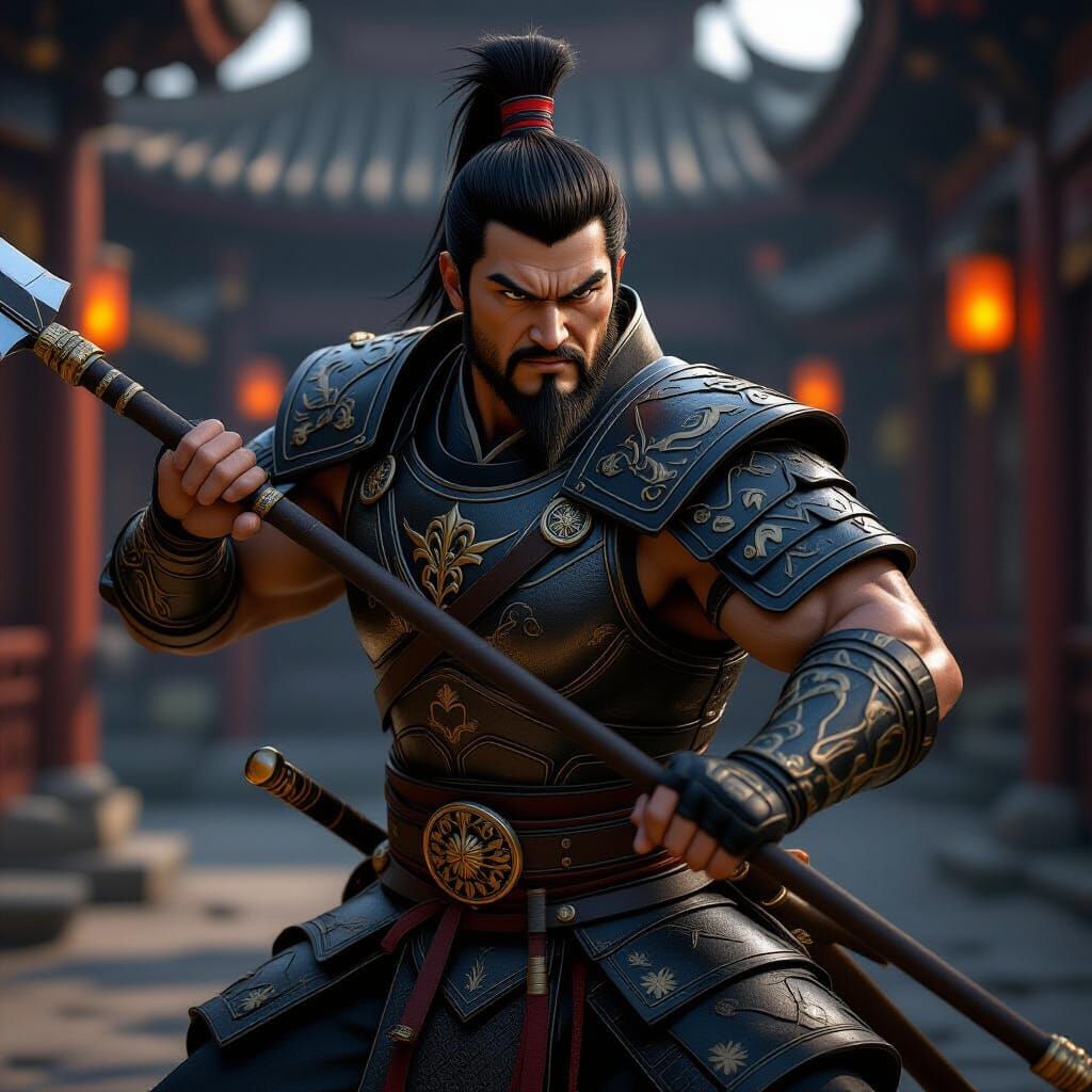 Zhang Fei Warrior in Dark Armor Holding Spear