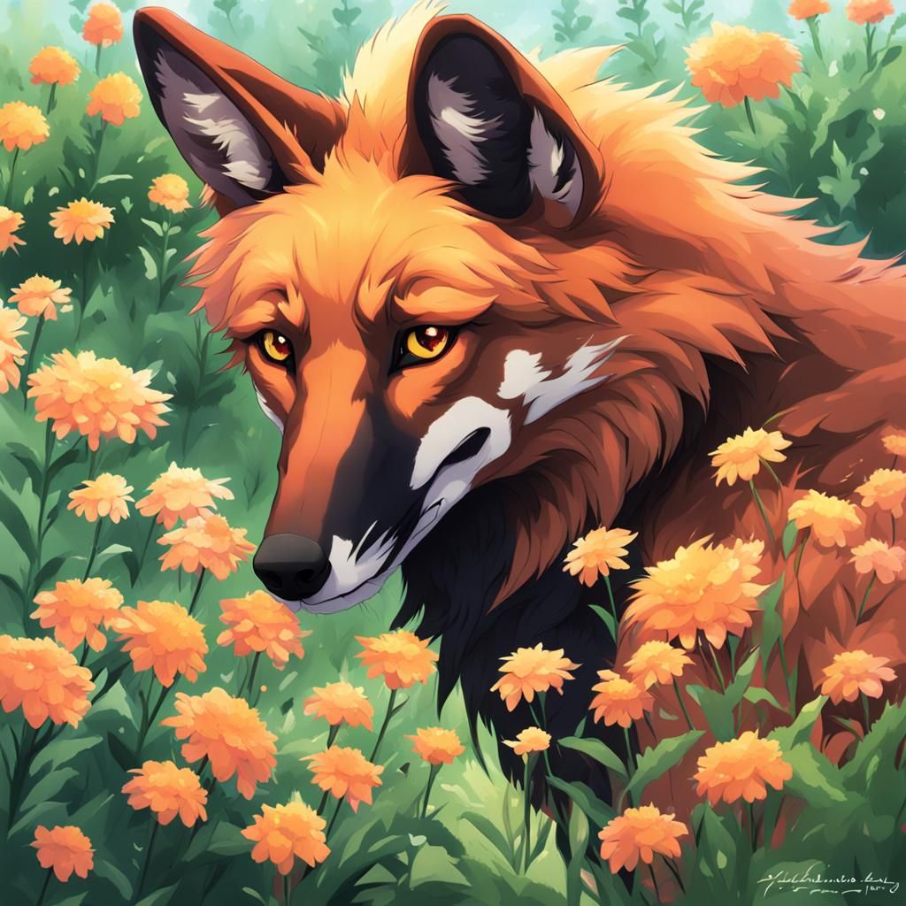 Maned Wolf in Anime Flower Garden