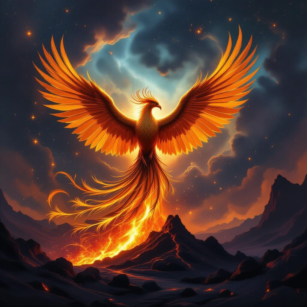 Majestic Phoenix Rises from Volcanic Landscape in Baroque St...