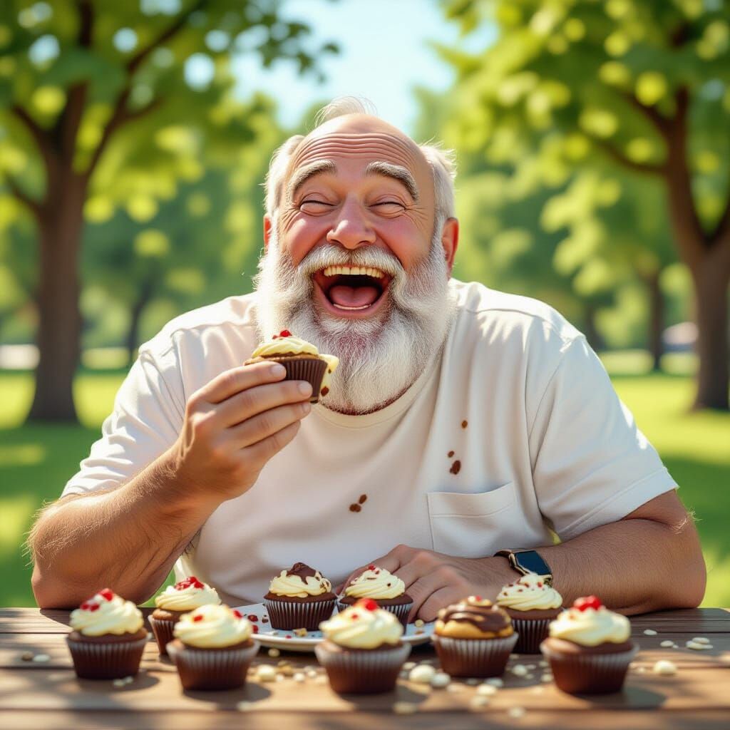 Joyful Old Man Eating Cake in Whimsical Digital Art