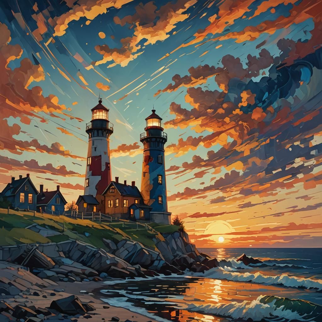 Lighthouse at Sunset in Abstract Expressionist Style