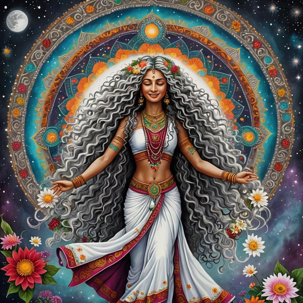 Radiant Cosmic Goddess with Mandala and Flowers