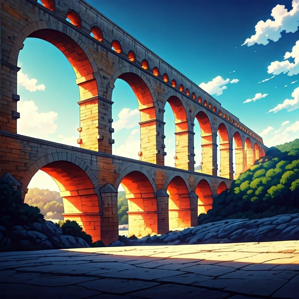 Ancient Roman Aqueduct in Vibrant Anime Style