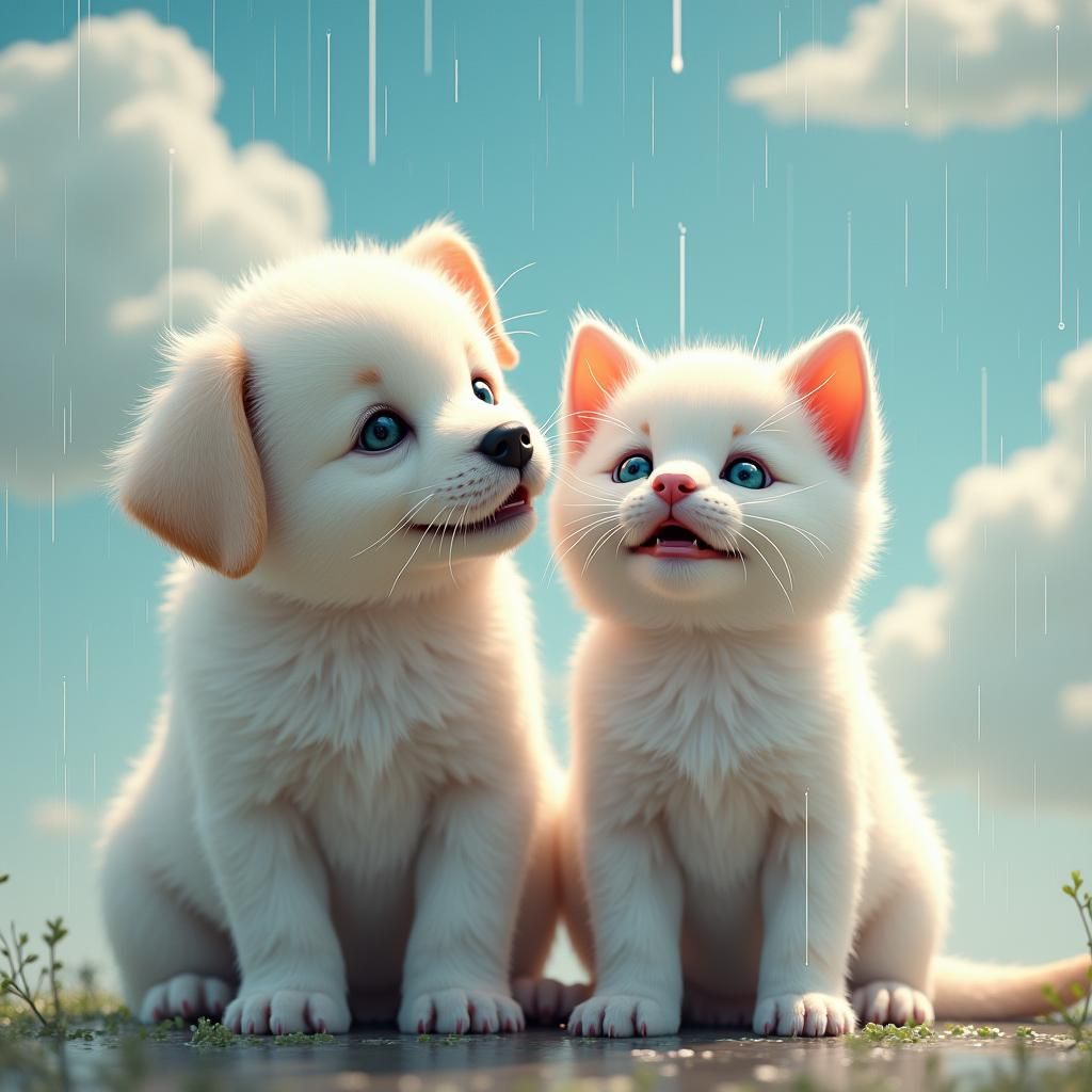 Puppy and Kitten Enjoying Rain in Dark Fantasy Style