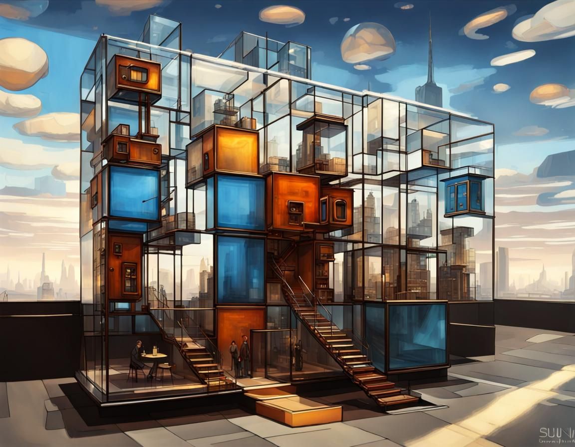 Futuristic Steampunk City in Glass Cube