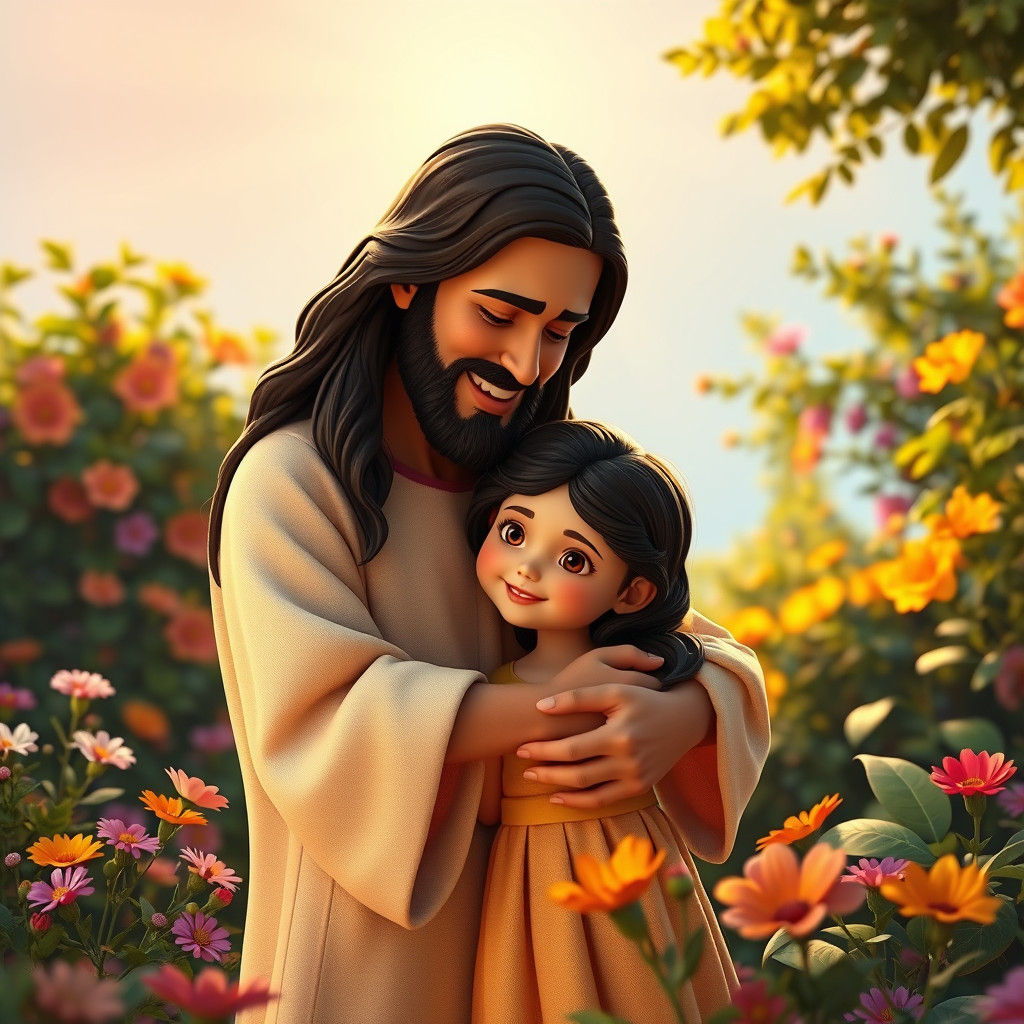 Jesus Hugging Girl in Garden: 3D Digital Art