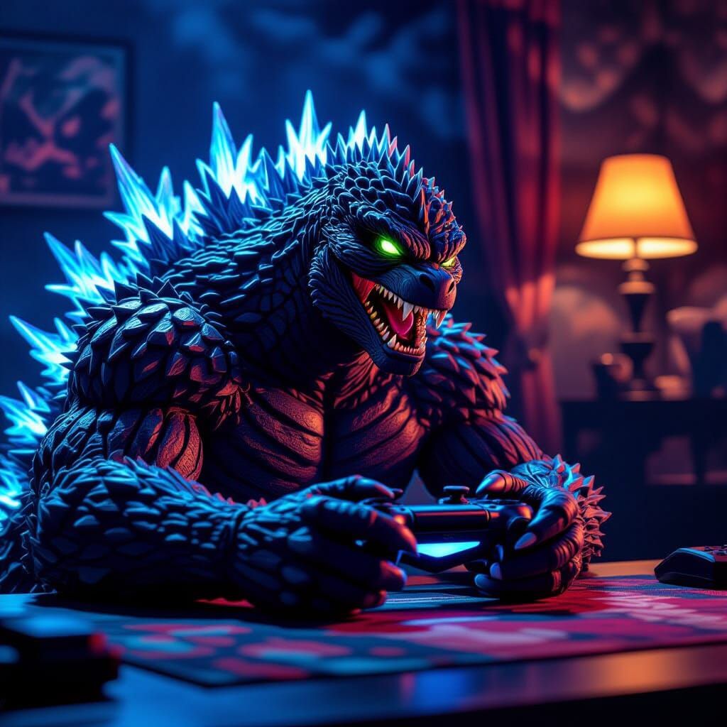 Godzilla Gaming on PS5 in Hyperrealistic Digital Art