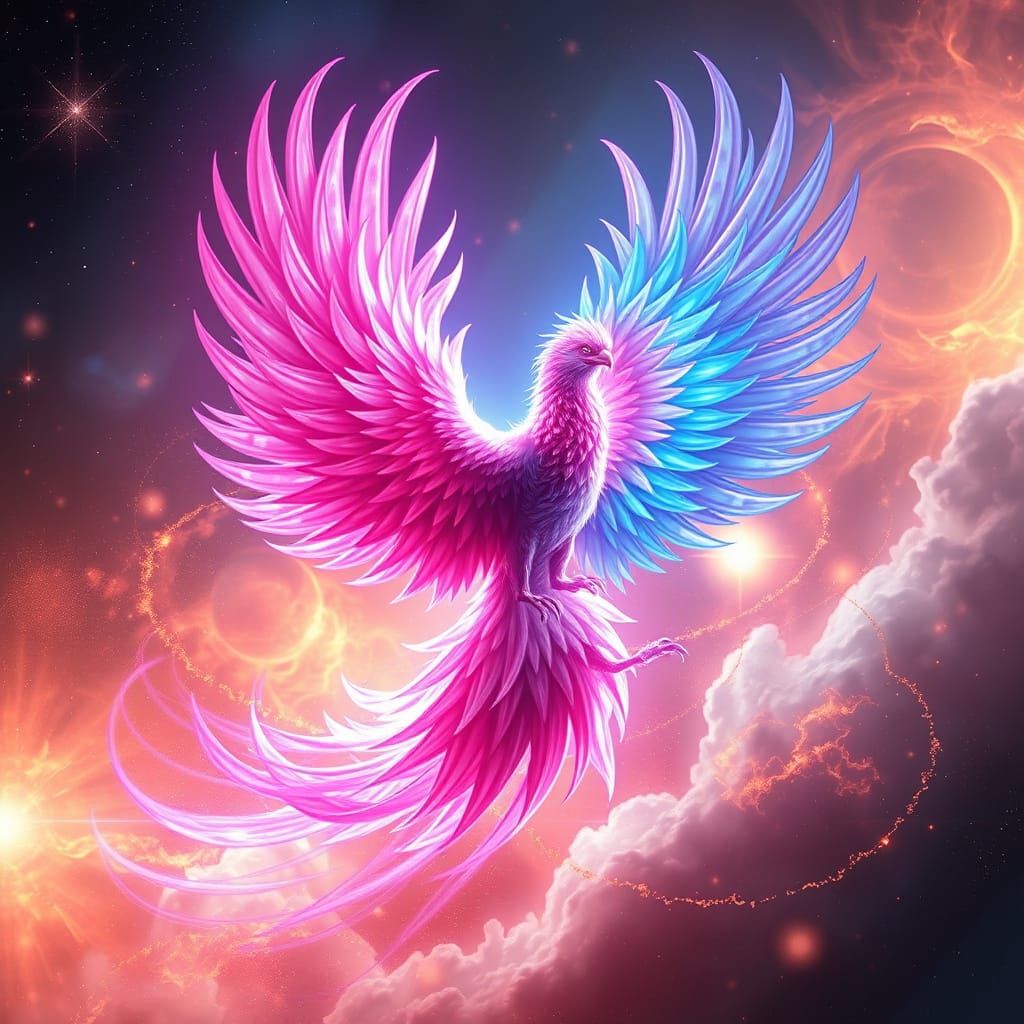 Majestic Pink and Blue Phoenix Rises from Nebula