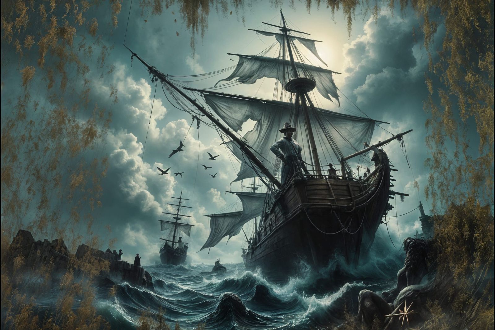 Eerie Ghost Clipper Ship on a Misty Sea