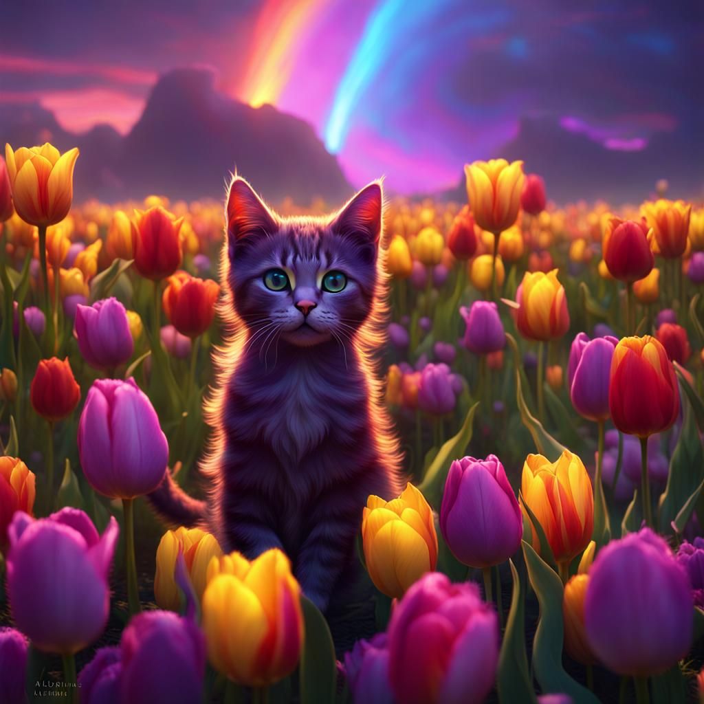 Rainbow Fire Tulips Dance in a Dark Fantasy Art