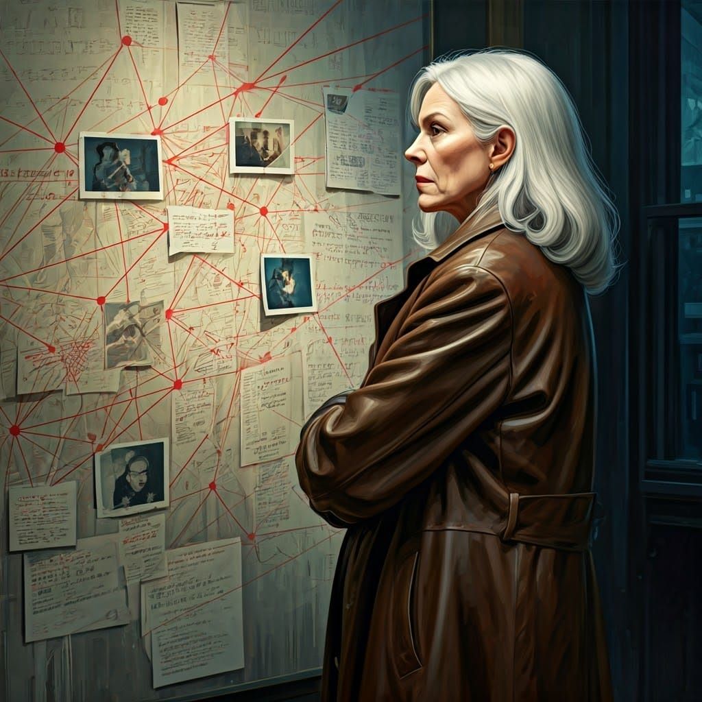 A serious white-haired woman in leather coat, arms crossed, ...