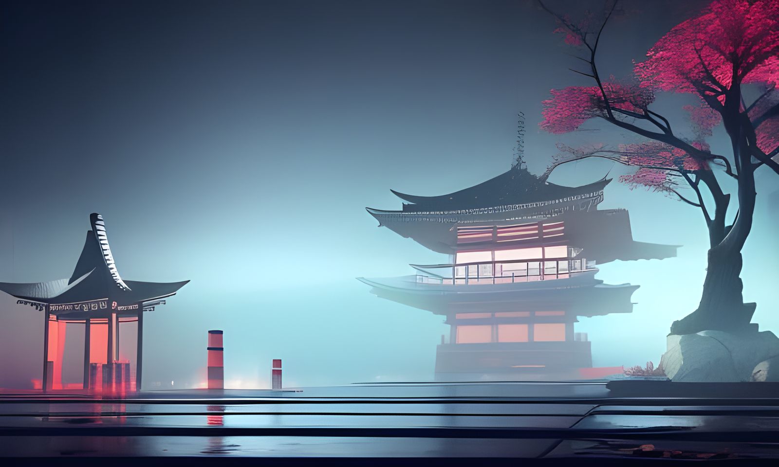 Ethereal Japanese Temple in Cyberpunk Style