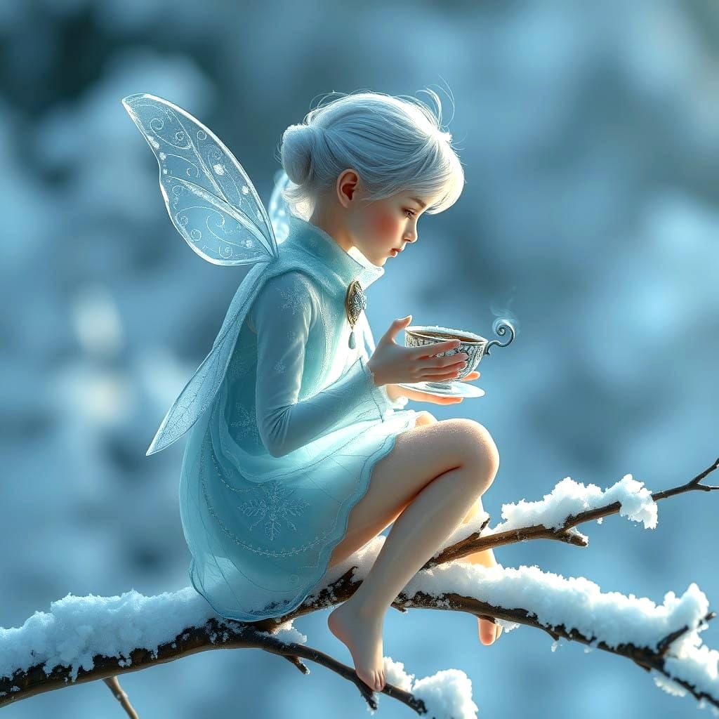 Enchanted Ice Faerie Sips Tea in Snowy Woods