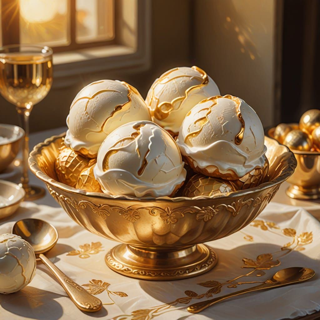 Golden Ice Cream Dessert in Cream Bowl