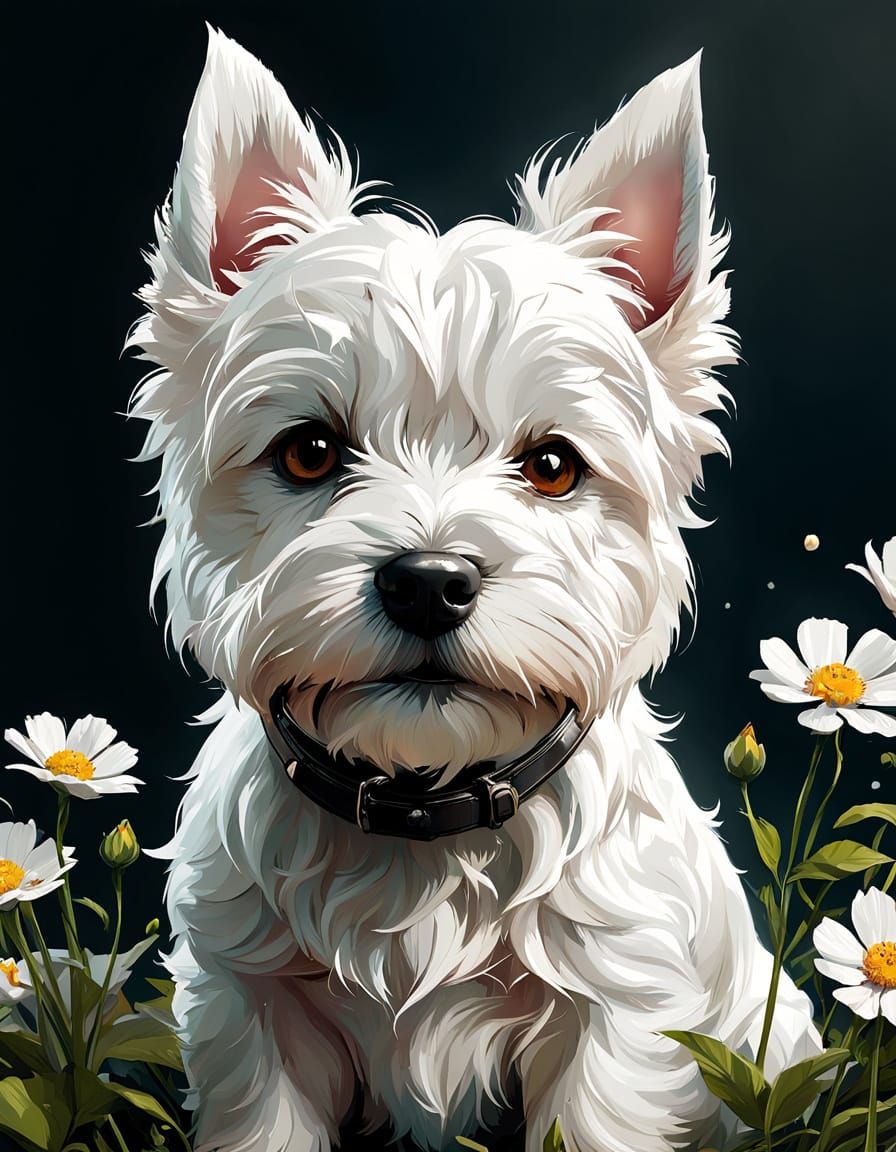 Adorable Westie Puppy in Floral Spring, Digital Painting