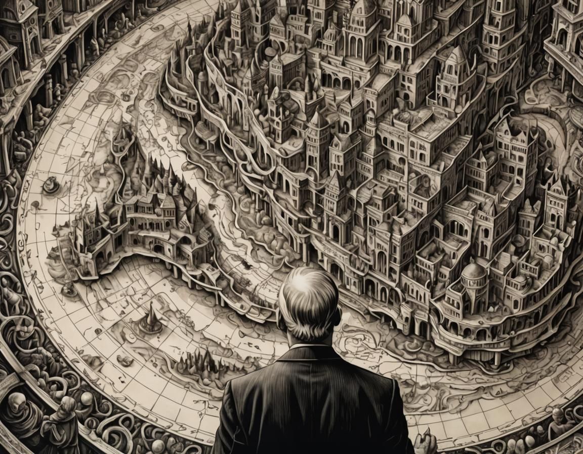 Politician Manipulating Voting Districts: Baroque Ink Painti...