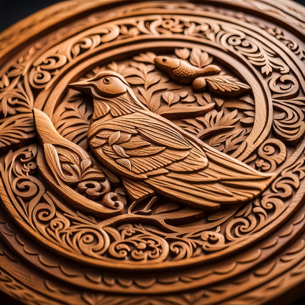 Detailed Wooden Figurine Carving in Folk Art Style