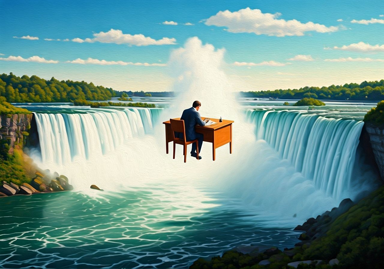 Man Works at Desk Floating Over Niagara Falls