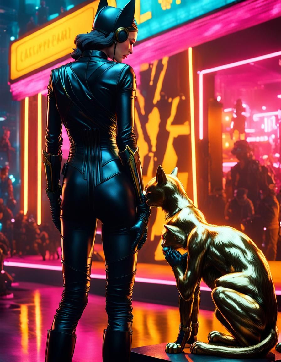 Catwoman and Golden Cat Statue in Cyberpunk Cityscape