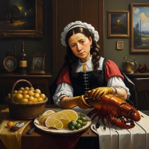 Golden Still Life with Lobster in Dutch Masters Style