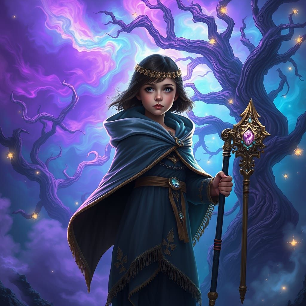 Mystical Girl Stands at Forest's Edge in Vibrant Clouds