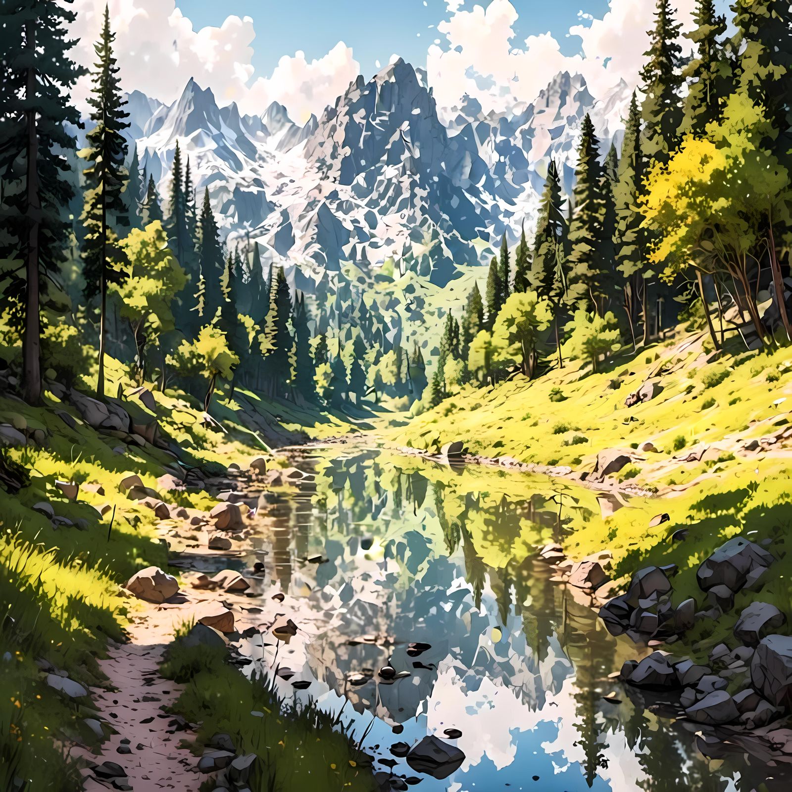 Scenic River Valley Hike with Thick Line Art