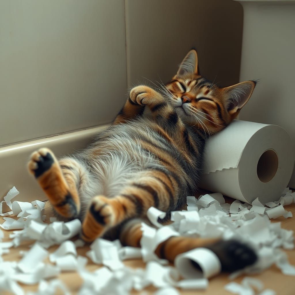 Happy Tabby Cat's Toilet Paper Chaos