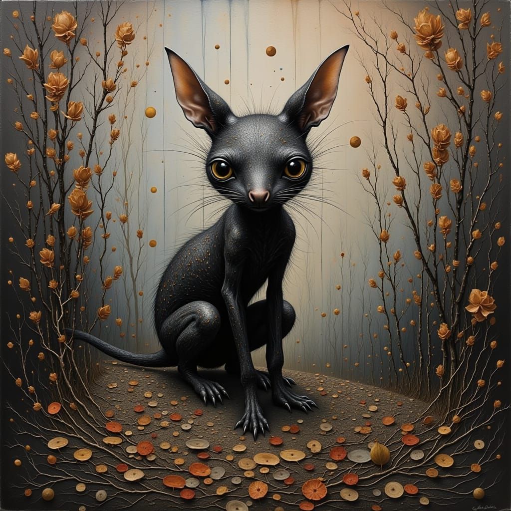 A Whimsical Oil Painting of an Imaginative Creature in Moody...