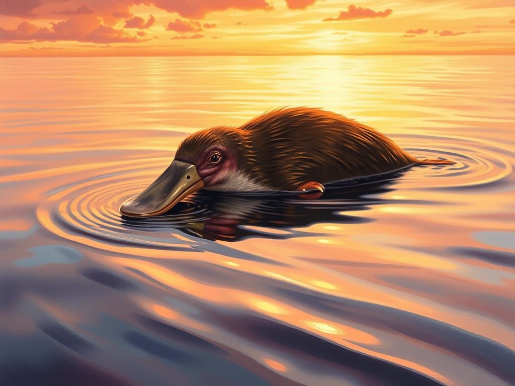 a platypus, golden-orange sunset sky, bright reflection in the water, acrylic oil, air-brushed
