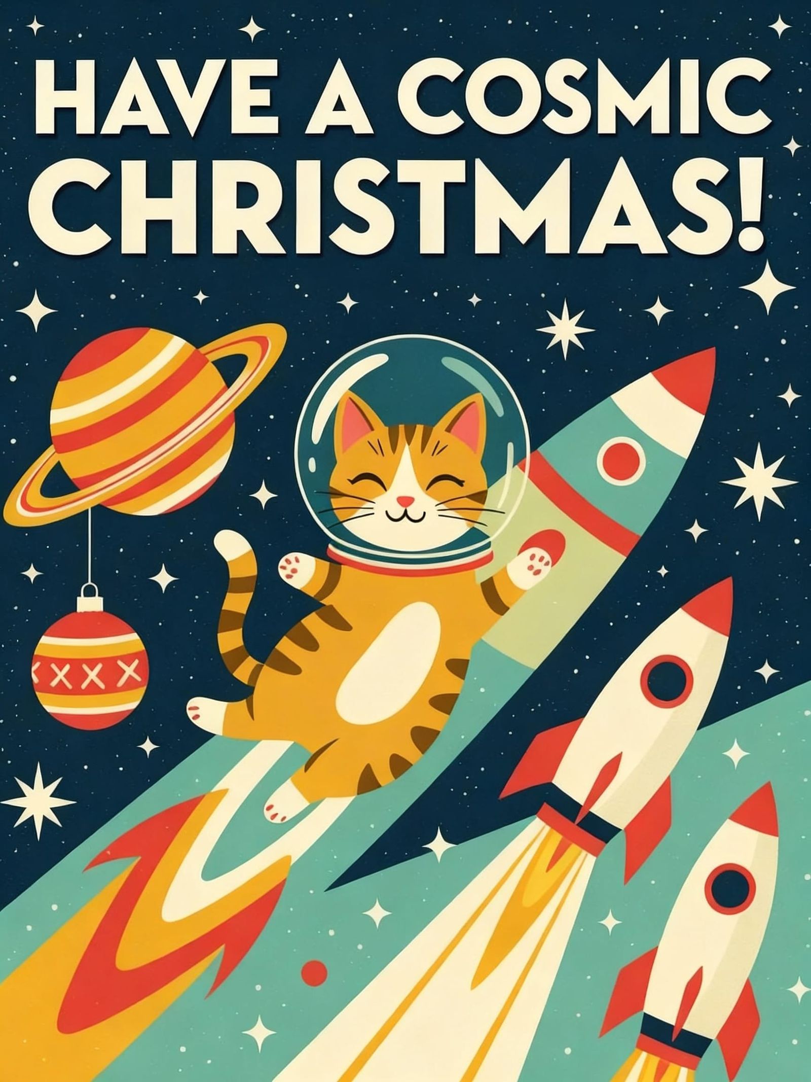 Atomic Age Space Cat Christmas Card in Retro Style