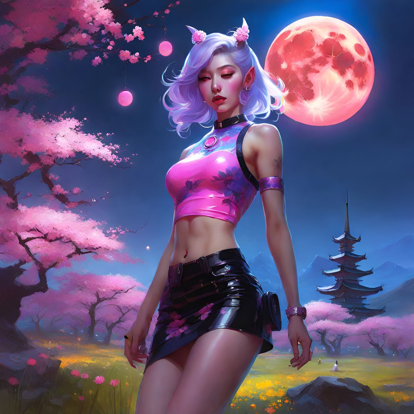 Draenei in Latex Under Moonlit Sakura, Fantasy Art
