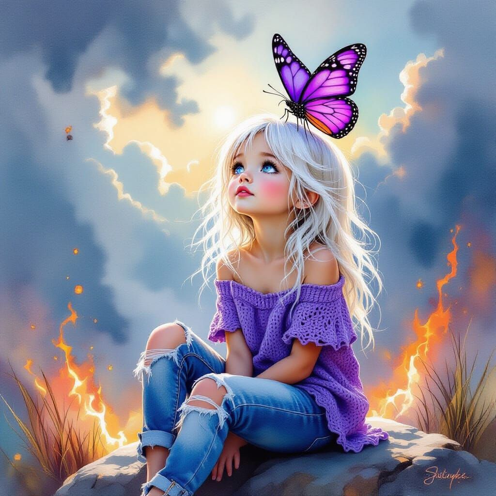 Whimsical Girl with Butterfly, Ice & Fire Sky
